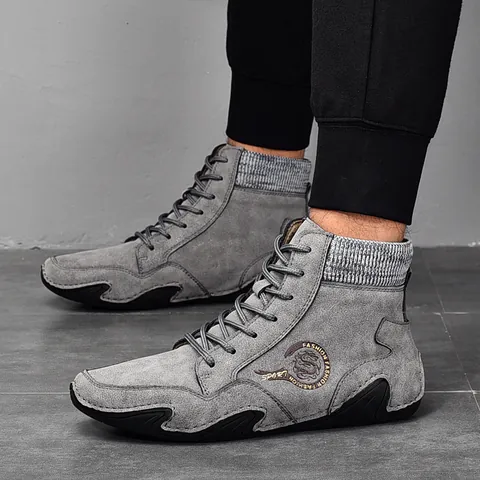 Botas Martin para Hombre Estilo Británico Cuero de Vaca Cuello de Calcetín de Punto Retro Casual Cordones Antideslizante