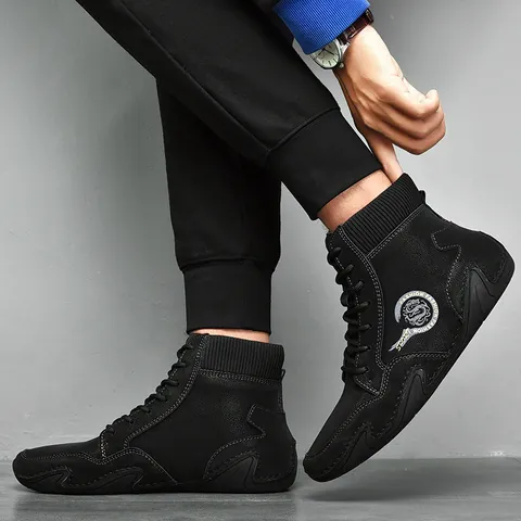 Botas Martin para Hombre Estilo Británico Cuero de Vaca Cuello de Calcetín de Punto Retro Casual Cordones Antideslizante