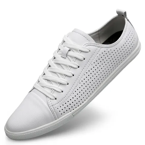 Men Real Cowhide Leather Casual White Shoes Breathable Soft Sole Fashion Minimalist Lace Up Low Top Board Sneakers Men Shoes