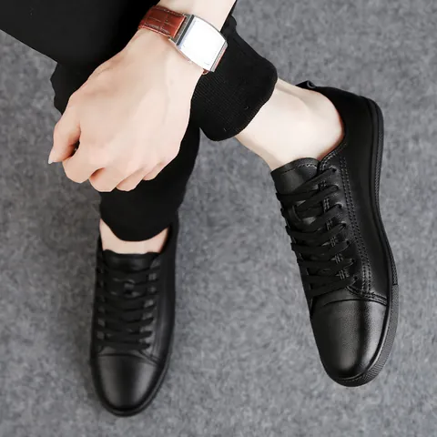 Men Real Cowhide Leather Casual White Shoes Breathable Soft Sole Fashion Minimalist Lace Up Low Top Board Sneakers Men Shoes
