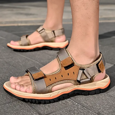 Heren Runderleer Buiten Sandalen Casual Antislip Zachte Zool Strand Schoenen Verstelbare Klittenbandsluiting Zomer Wandelsandalen