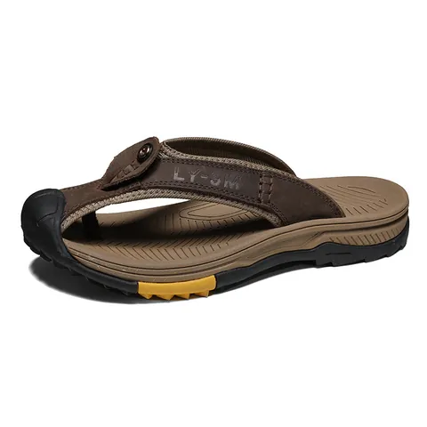 Men Closed Toe Flip Flop Sandals Top Layer Cowhide Leather Non-Slip Beach Shoes Large Size Outdoor Casual Summer Slippers