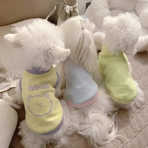 Summer Pet Vest Breathable Waffle Fabric Dog Clothes Thin Cartoon Bear Sleeveless Cat Shirt For Small Dogs Cats
