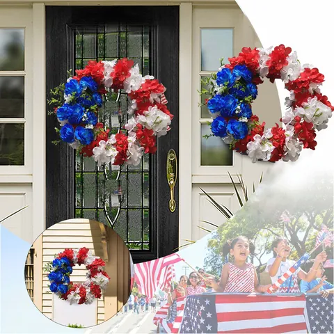 Independence Day Wreath Red White Blue Hydrangea Simulation Flower Garland Patriotic Decoration For Front Door Home Wall
