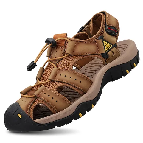 Men Top Layer Cowhide Closed Toe Beach Sandals Summer Casual Breathable Non-Slip Outdoor Leisure Leather Sandals Shoes