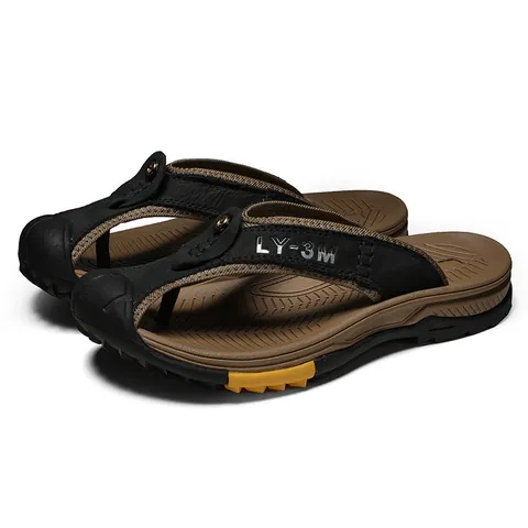 Heren Koeienhuid Gesloten Teen Flip-Flops Zomer Outdoor Strand Sandalen Antislip Grote Maat Leren Slides Casual Schoenen