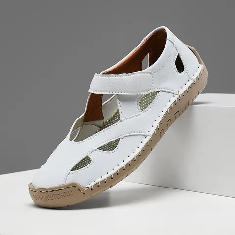 Women's Hollow-Out Genuine Leather Sandals Casual Breathable Flat Shoes Lightweight Non-Slip Loafers Velcro Walking Shoes