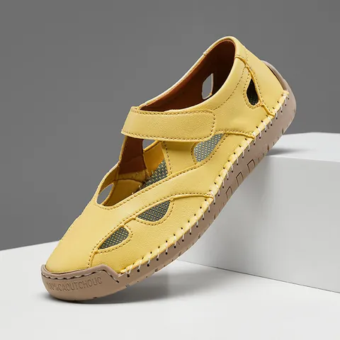 Women's Hollow-Out Genuine Leather Sandals Casual Breathable Flat Shoes Lightweight Non-Slip Loafers Velcro Walking Shoes