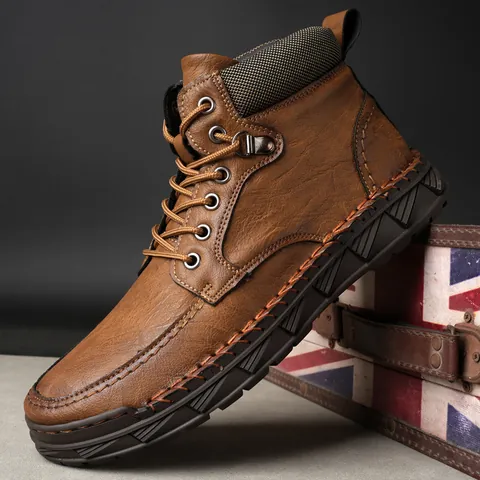 Bottes Martin Rétro pour Hommes Hiver Chaud Doublé de Polaire Bottines Hautes Décontractées en Cuir Microfibre Semelle en Caoutchouc Antidérapante Chaussures Style Britannique