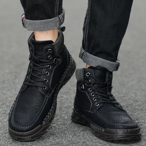 Bottes Martin Rétro pour Hommes Hiver Chaud Doublé de Polaire Bottines Hautes Décontractées en Cuir Microfibre Semelle en Caoutchouc Antidérapante Chaussures Style Britannique