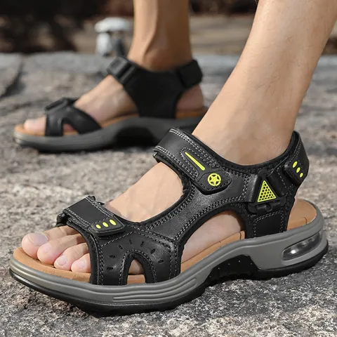 Herren Outdoor Rindsleder Strandsandalen Mit Luftkissen Stoßdämpfung Rutschfest Komfortabel Klettverschluss Casual Sommerschuhe