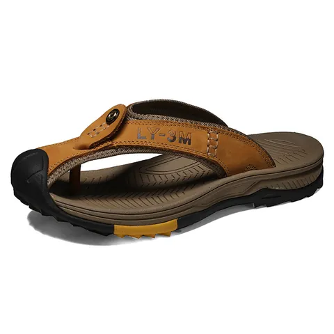 Heren Koeienhuid Gesloten Teen Flip-Flops Zomer Outdoor Strand Sandalen Antislip Grote Maat Leren Slides Casual Schoenen