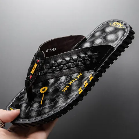 Herren Rindsleder Zehentrenner Lässige Sommer Strand Sandalen Mit Komfortablem Geflochtenem Lederriemen Rutschfeste Gummisohle