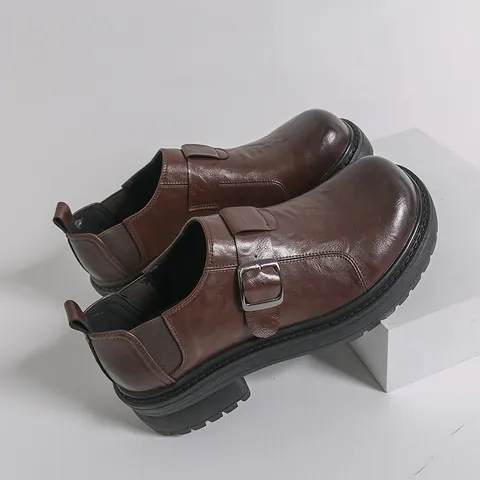 Zapatos de Negocios Rétro de Cuero PU para Hombre Suela Gruesa Mocasines con Hebilla Slip-on Zapatos de Conducir Oxford Negro Marrón Oficina