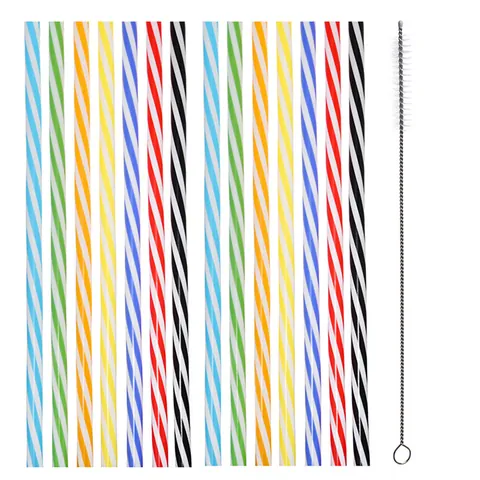 Reusable Plastic Drinking Straws Colorful Striped Straight Drinking Straws With Cleaning Brush Kitchen Party Drinkware