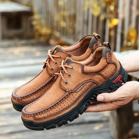Men Outdoor Casual Shoes Genuine Head Layer Cowhide Leather Breathable Stitched Wear-Resistant Non-Slip Hiking Travel Sneakers
