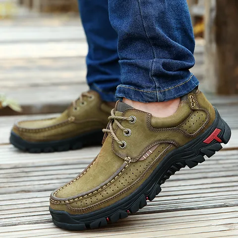 Men Outdoor Casual Shoes Genuine Head Layer Cowhide Leather Breathable Stitched Wear-Resistant Non-Slip Hiking Travel Sneakers