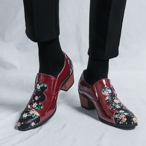Men's Patent Leather Dress Shoes British Wood Grain High Heel Floral Patchwork Loafers Slip-on Office Party Shoes