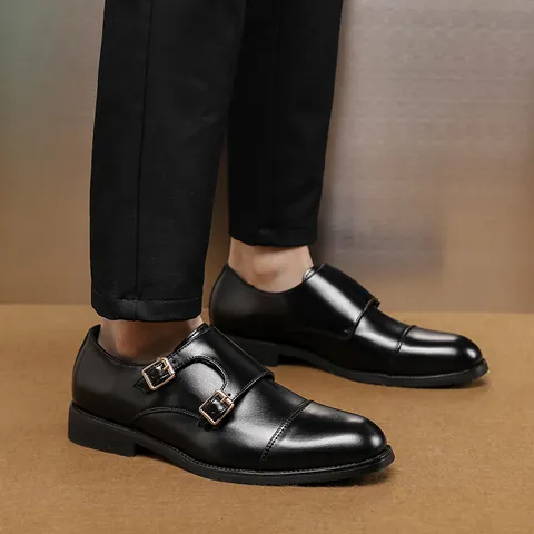 Men's Double Monk Strap Pointed Toe Leather Shoes British Style Brogue Carving Business Casual Slip-on Loafers Dress Shoes