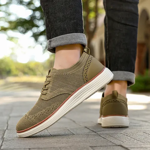 Men Fly-Knit Mesh Casual Loafers Breathable Oxford Dress Walking Shoes Brogue Punching Lace-up Lightweight Shoes For Men