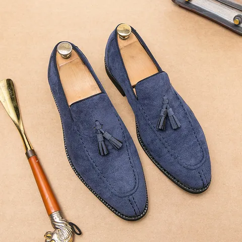 Men Suede Pointed Toe Tassel Loafers Business Formal Dress Shoes Slip On Casual Low Top Suede Shoes Rubber Sole Gentleman Footwear