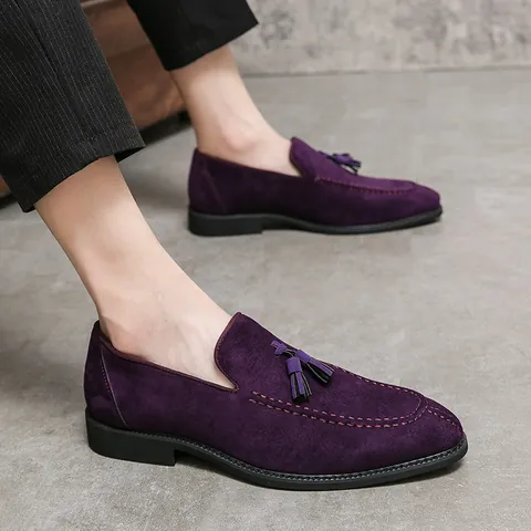 Men Suede Pointed Toe Tassel Loafers Business Formal Dress Shoes Slip On Casual Low Top Suede Shoes Rubber Sole Gentleman Footwear