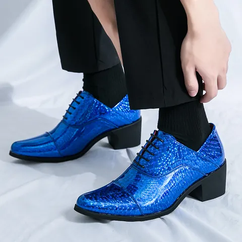 Scarpe Eleganti da Uomo Business Formale con Tacco Alto Allacciate Metallico Oro Blu Argento Goffrato per Matrimonio Festa Aumento Altezza