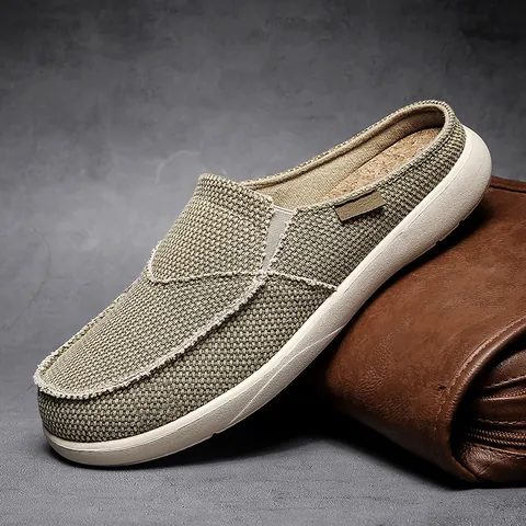 Men's Summer Canvas Half Slippers Lightweight Breathable Slip-on Mules Casual Outdoor Flat Canvas Shoes For Daily Wear