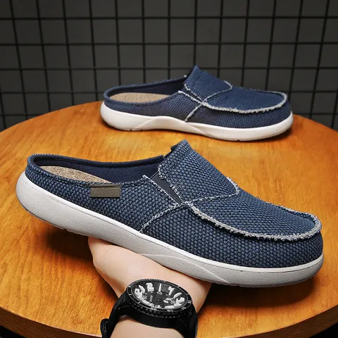 Men's Summer Canvas Half Slippers Lightweight Breathable Slip-on Mules Casual Outdoor Flat Canvas Shoes For Daily Wear