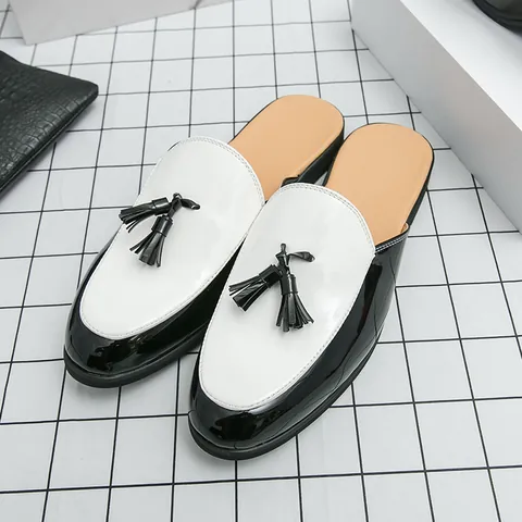 Men Fashion Casual PU Patent Leather Mules Tassel Horsebit Buckle Slip-on Semi-Trailer Loafers Trendy Hair Stylist Shoes