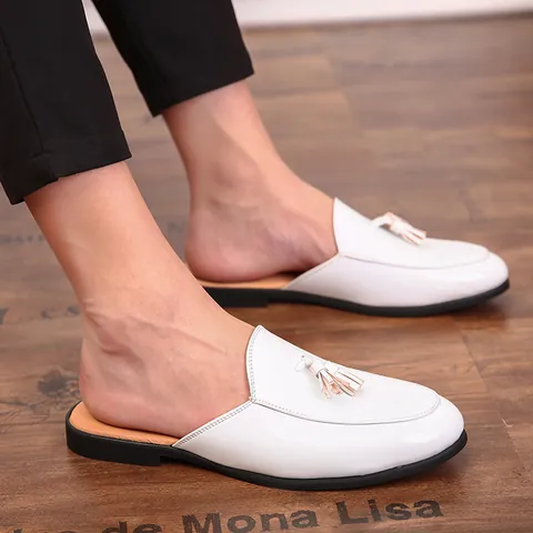 Men Fashion Casual PU Patent Leather Mules Tassel Horsebit Buckle Slip-on Semi-Trailer Loafers Trendy Hair Stylist Shoes