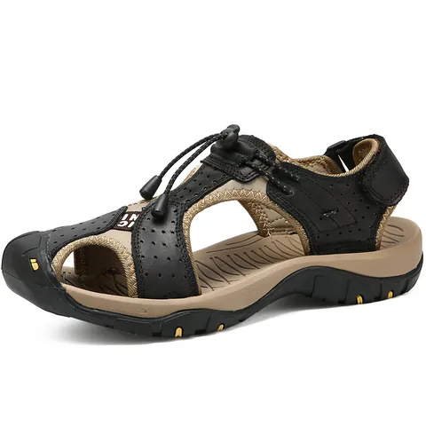 Summer New Men's Closed Toe Sandals Fashion Top Layer Cowhide Leather Beach Shoes Outdoor Anti-slip Hiking Sandals For Men Large Size