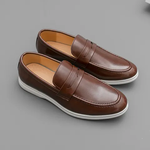 Men Business Casual Loafers PU Leather Slip-on Penny Loafers British Style Stitching Driving Shoes Black White