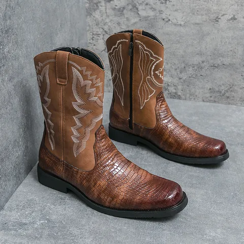Men British Vintage Western Cowboy Boots Crocodile Pattern Embroidery High Top Knight Boots Side Zipper Work Boots Plus Size 46
