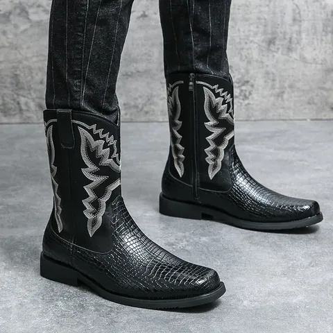 Men British Vintage Western Cowboy Boots Crocodile Pattern Embroidery High Top Knight Boots Side Zipper Work Boots Plus Size 46