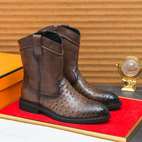Men's Retro Western Cowboy Boots Ostrich Pattern Embossed PU Leather Pointed Toe Side Zip Knight Boots Large Size