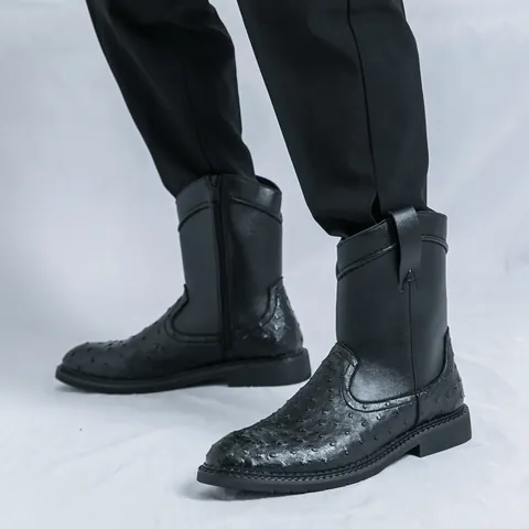 Men's Retro Western Cowboy Boots Ostrich Pattern Embossed PU Leather Pointed Toe Side Zip Knight Boots Large Size