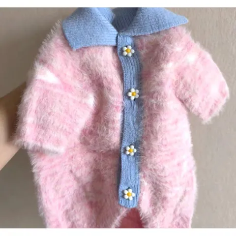 Pink Plush Pet Sweater Blue Knit Collar Daisy Buttons Warm Autumn Winter Vest Clothing For Small Dogs Cats Kittens