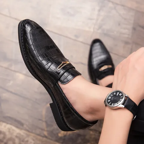 Men's Business Leather Shoes Crocodile Pattern Loafers British Style Pointed Toe Slip-on Formal Dress Shoes for Wedding