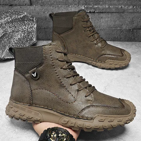 Men High Top Martin Boots Microfiber Leather Casual Fashion Autumn Winter Fleece Lined Non Slip Rubber Sole Outdoor Shoes