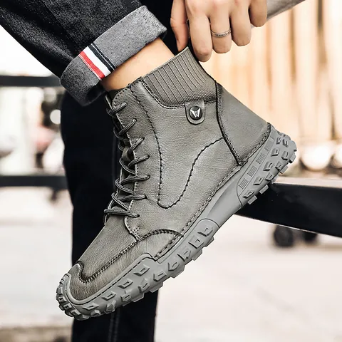 Men High Top Martin Boots Microfiber Leather Casual Fashion Autumn Winter Fleece Lined Non Slip Rubber Sole Outdoor Shoes