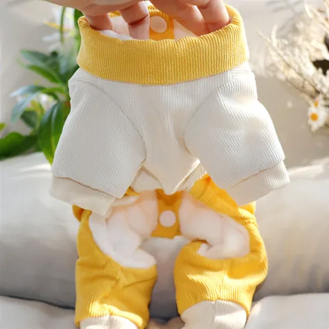 Warm Pet Dog Padded Four-Legged Jumpsuit Corduroy Fleece Lined Coat With D-Ring Small Flower For Teddy Small Dogs Winter Clothes