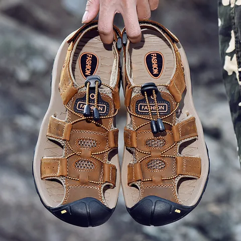 Herren Rindsleder Outdoor Sandalen Geschlossene Zehen Atmungsaktiv Rutschfest Strand Schuhe Für Männer Lässige Sommer Trekking Sandalen