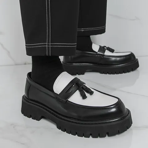 Men's British Style Glossy PU Patent Leather Chunky Platform Loafers Fashion Height Increasing Tassel Dress Shoes Business Shoes