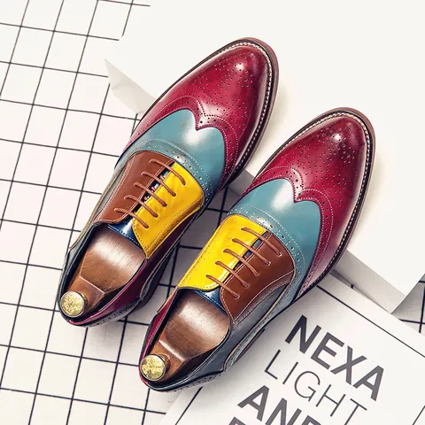 Chaussures Brogue Vintage pour Hommes Patchwork Bout Pointu Chaussures Oxford Classiques à Lacets Business Casual Chaussures de Ville
