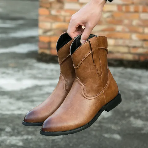 Men Western Cowboy Boots Pointed Toe Microfiber Leather Ankle Boots Low Block Heel Side Zipper Outdoor Fashion Knight Boots