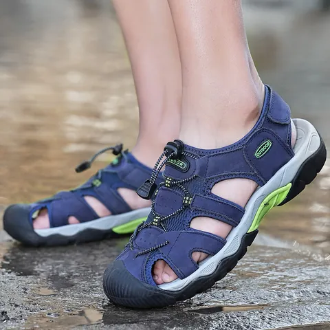 Men's Outdoor Genuine Leather Sandals Breathable Anti-Slip Beach Shoes Comfortable Casual Walking Footwear For Summer Hiking Water Sports