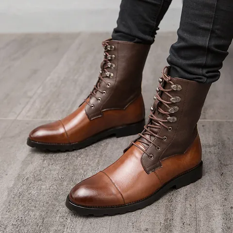 Stivali da Cavaliere Uomo Stile Britannico Alto Martin in Pelle PU Giuntata Casual Outdoor Antiscivolo Calzature alla Moda
