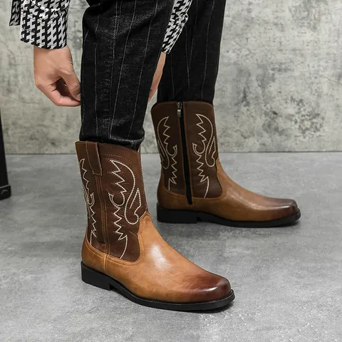 Men Vintage Western Cowboy Boots Embroidered PU Leather High Top Martin Boots With Side Zipper Square Heel Outdoor Shoes