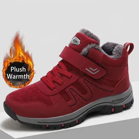 Unisex Senioren Wanderschuhe Schweins-Nubukleder Fleece-Futter Winter Warme Baumwollschuhe Rutschfeste High-Top Klettverschluss Sneaker